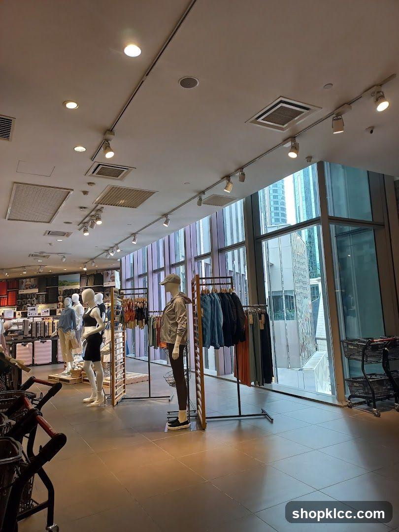Clothing store interior with mannequins and clothing racks