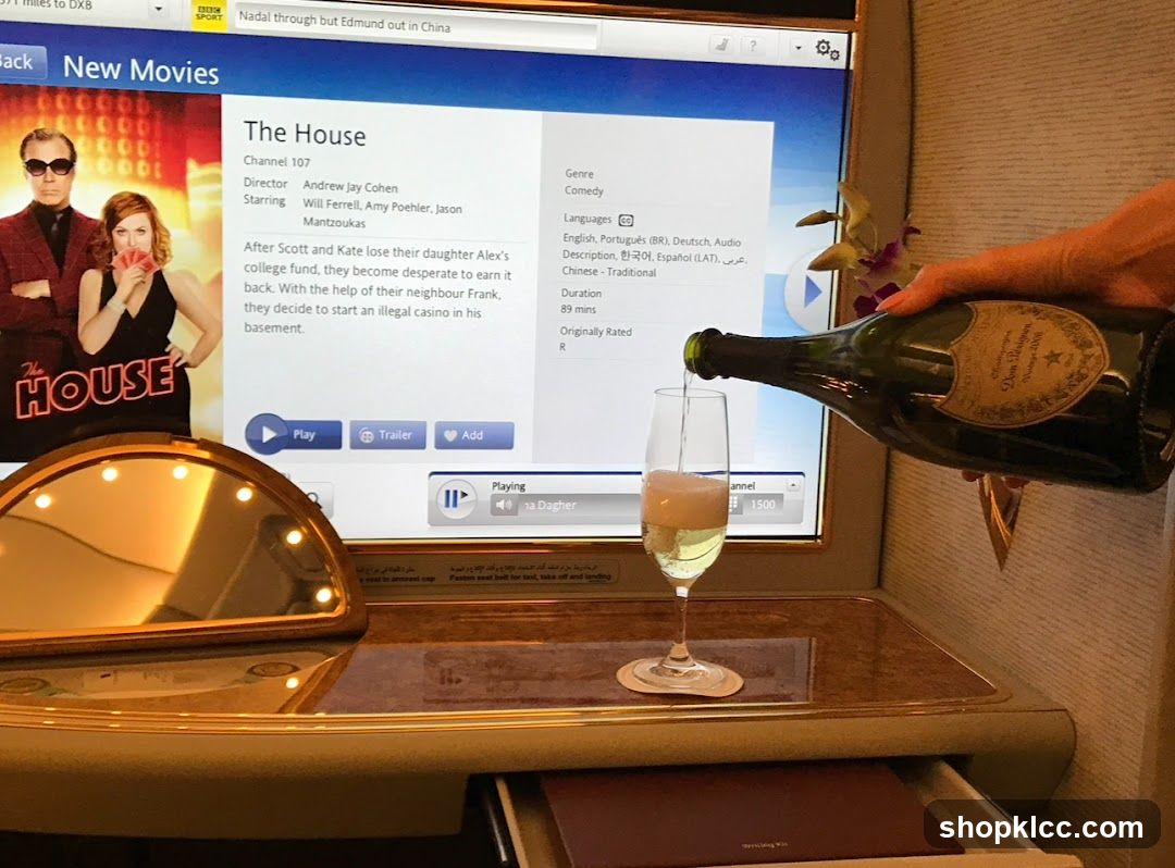 In-flight entertainment with champagne