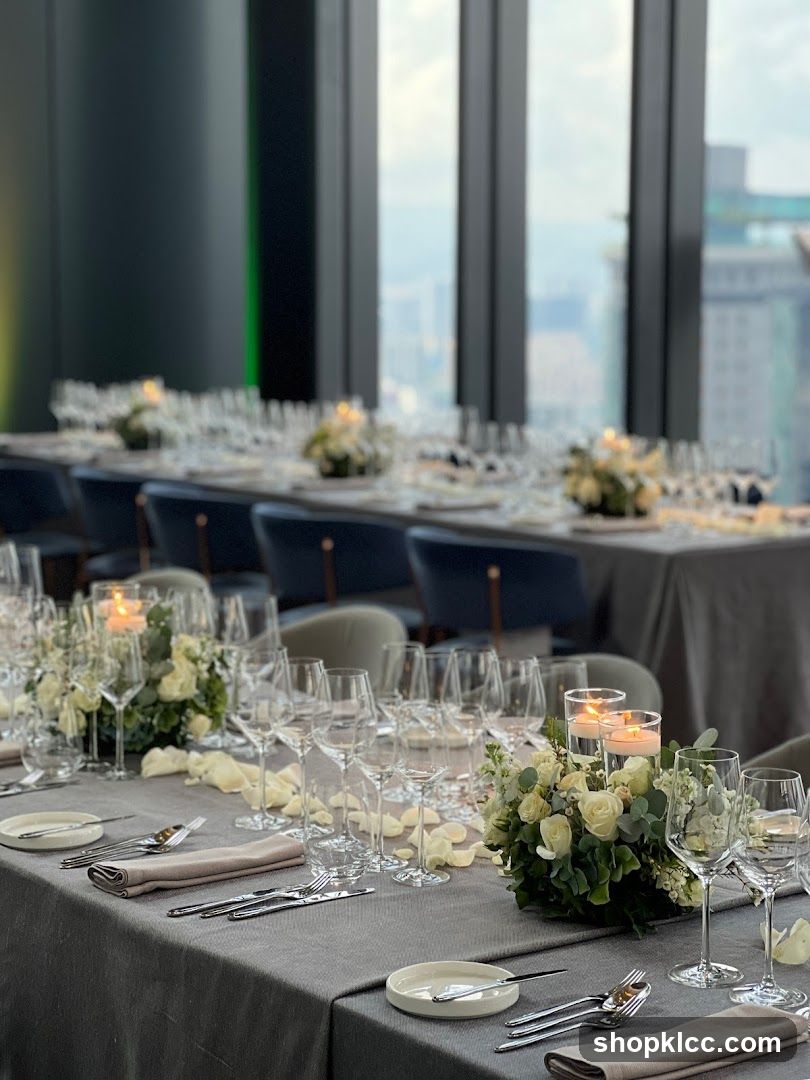 Elegant Table Setting with Floral Centerpieces and City View