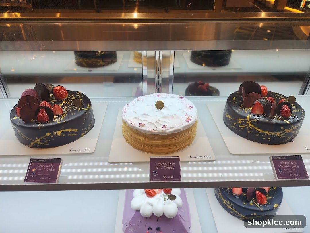 Cakes in a display case