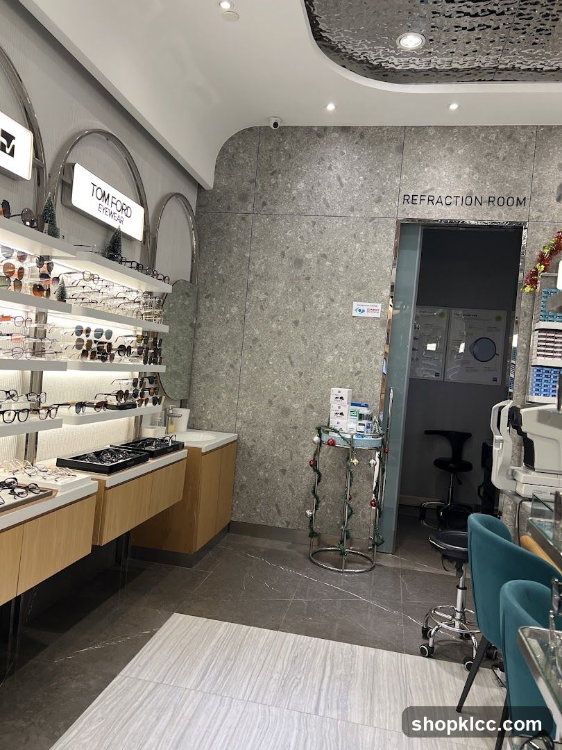 Eyewear store interior with display shelves and refraction room