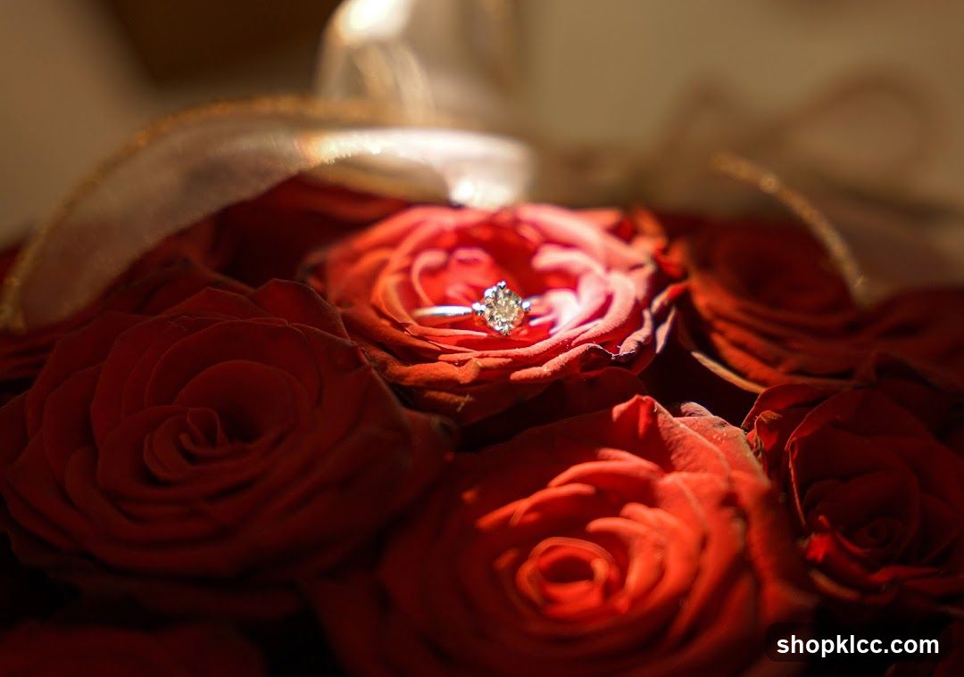Diamond ring on red roses
