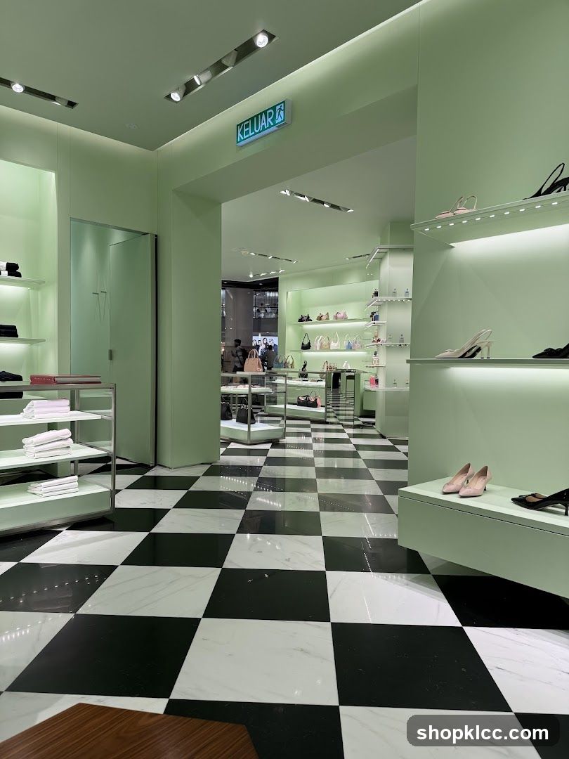 Interior of a modern boutique with a checkered floor.