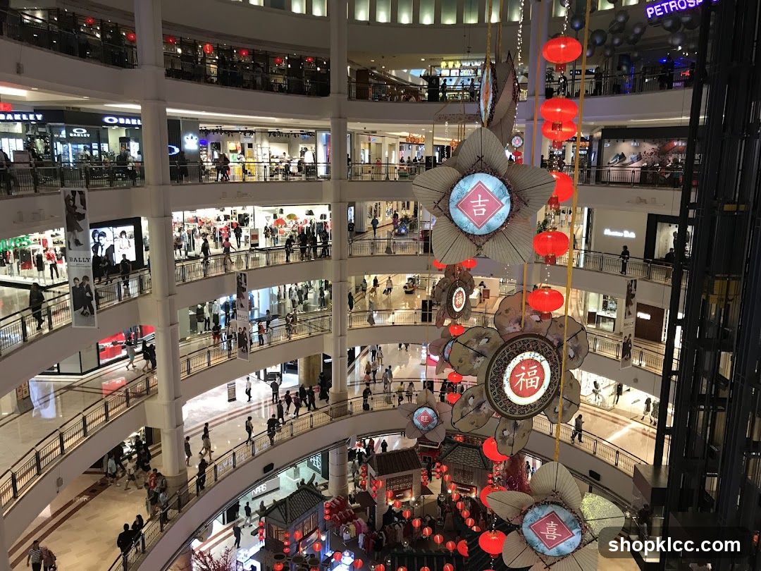 Interior of a multi-level shopping mall with festive decorations