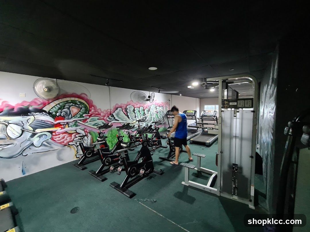 Gym Interior with Exercise Equipment and Graffiti