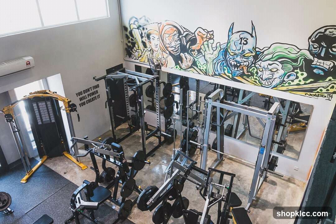Gym Interior with Weightlifting Equipment and Graffiti