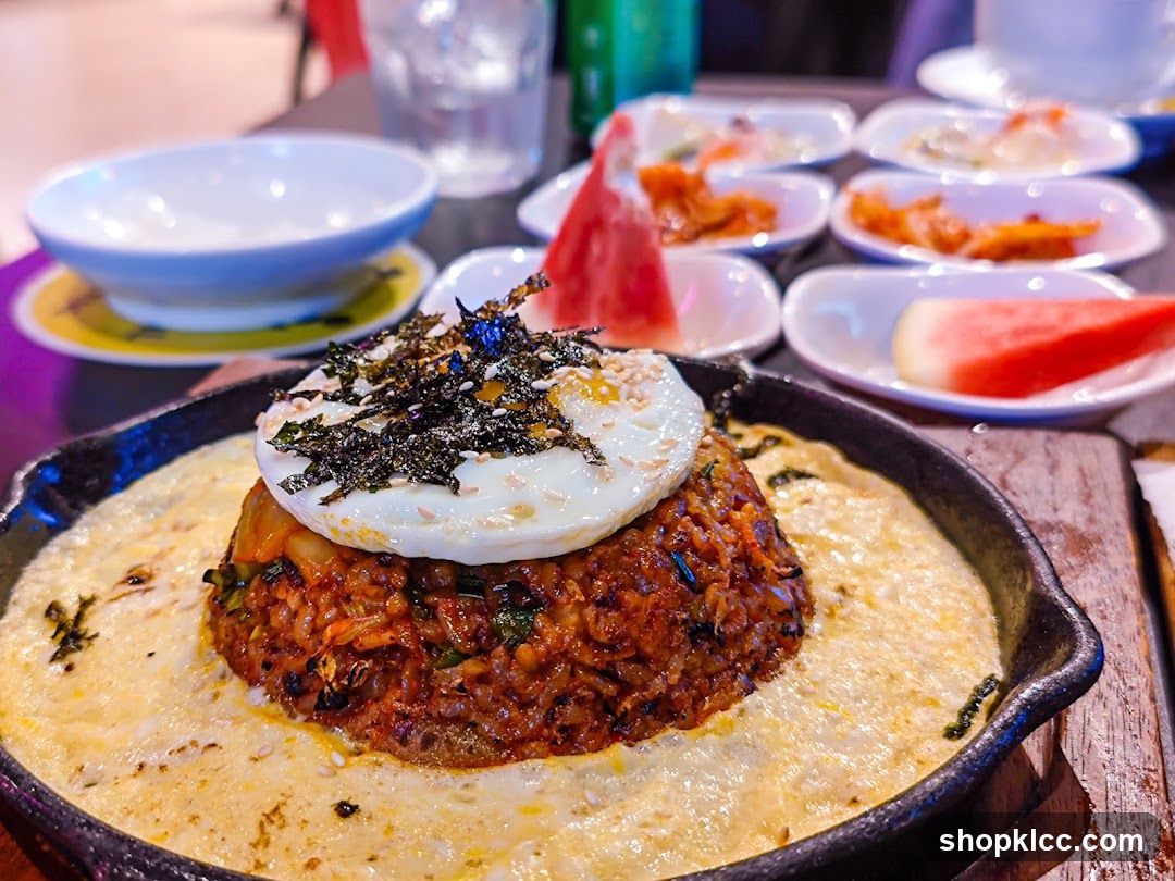 Kimchi Fried Rice with Fried Egg and Cheese
