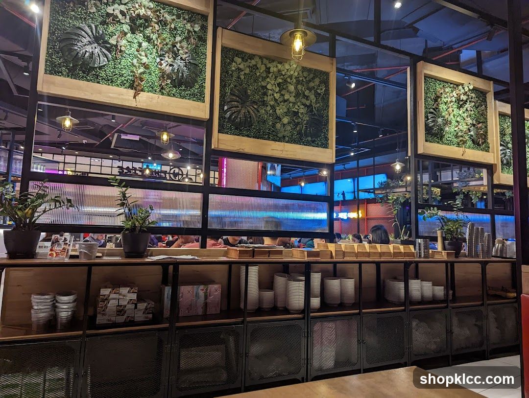 Restaurant Interior with Greenery and Shelving