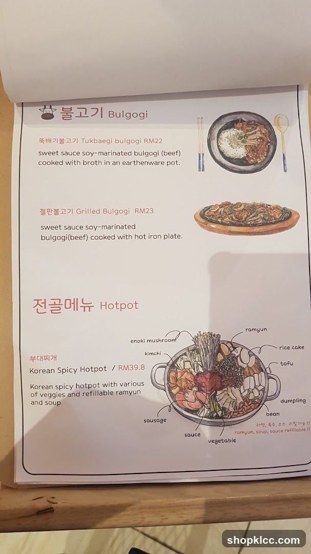 Bulgogi and Hotpot Menu