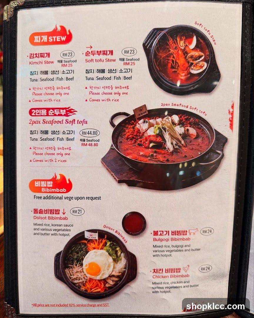 Korean Stews and Bibimbab Menu