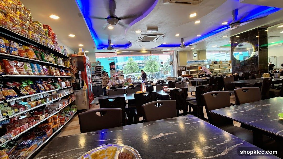 Interior of a restaurant with shelves of snacks