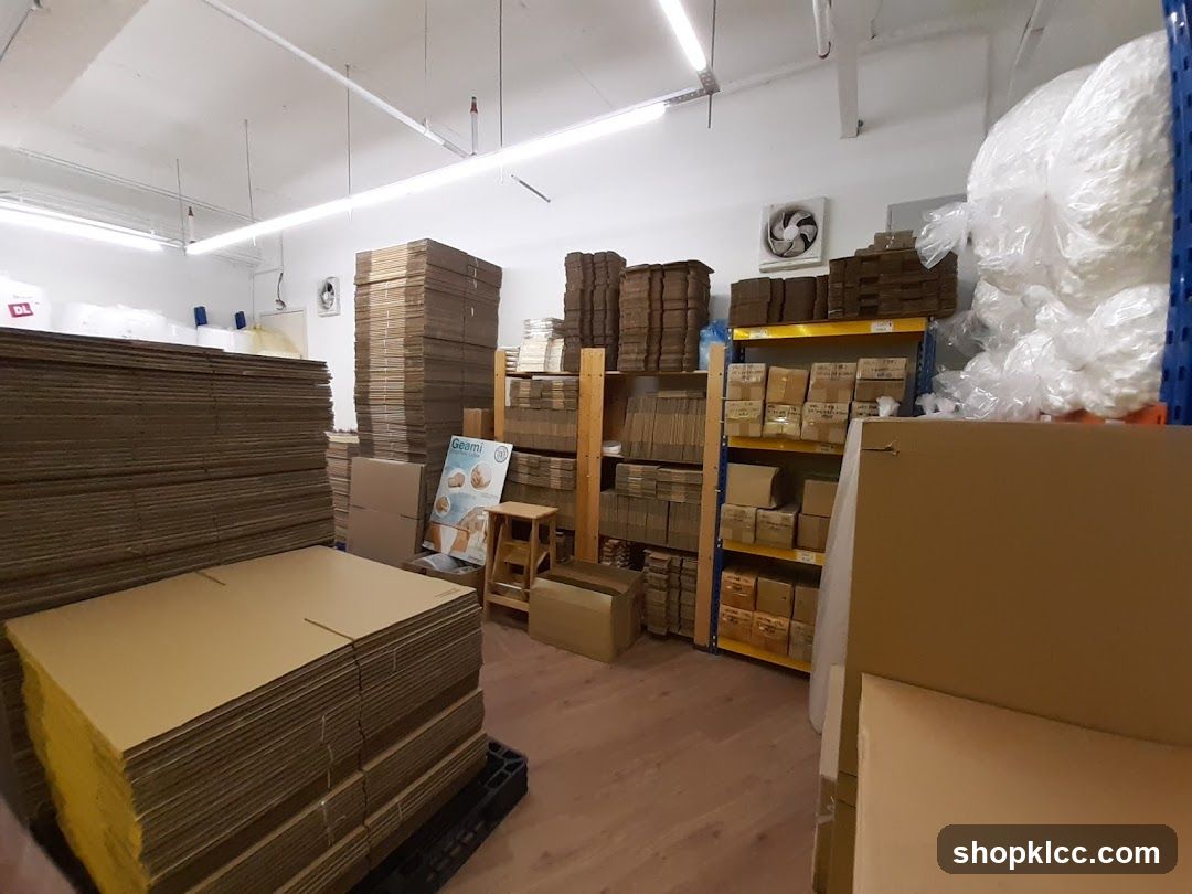 Warehouse interior with stacks of cardboard boxes