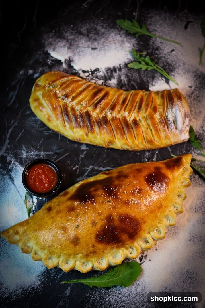 Two baked calzones with a side of dipping sauce