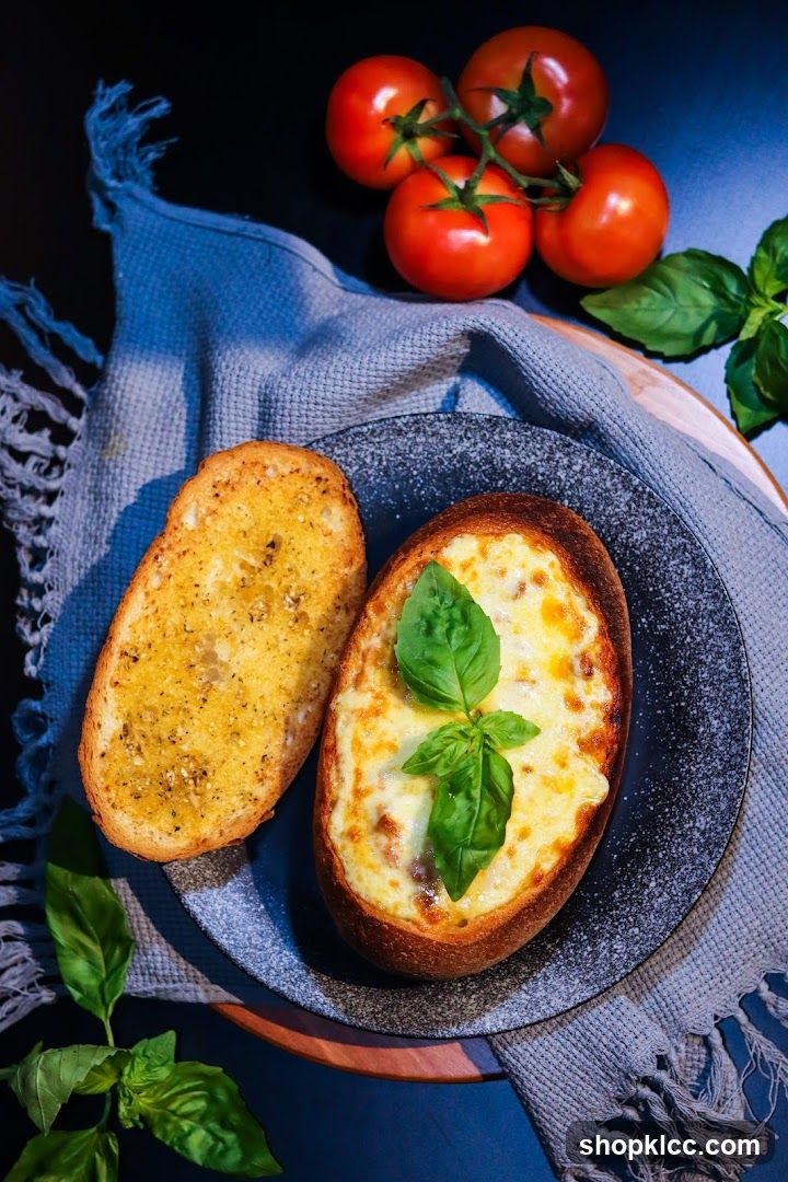 Baked Bread Bowl with Garlic Bread and Tomatoes