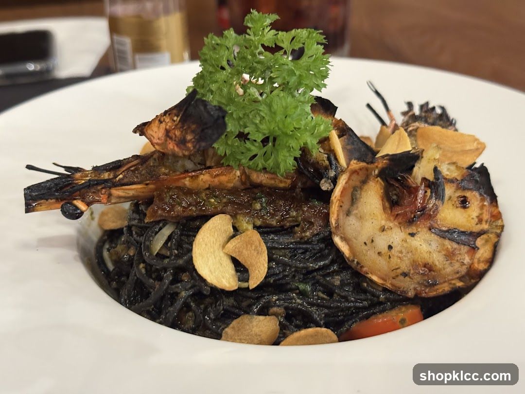 Squid Ink Pasta with Grilled Prawns