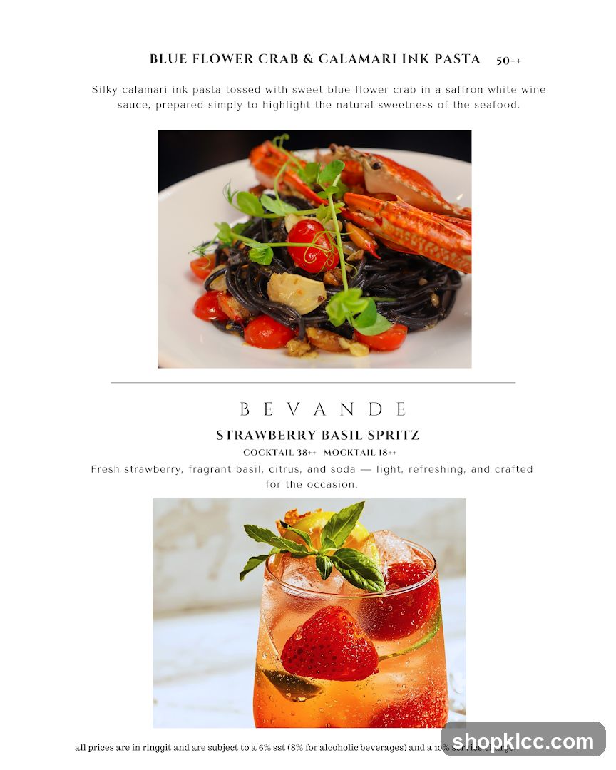 Blue Flower Crab & Calamari Ink Pasta and Strawberry Basil Spritz Menu Page