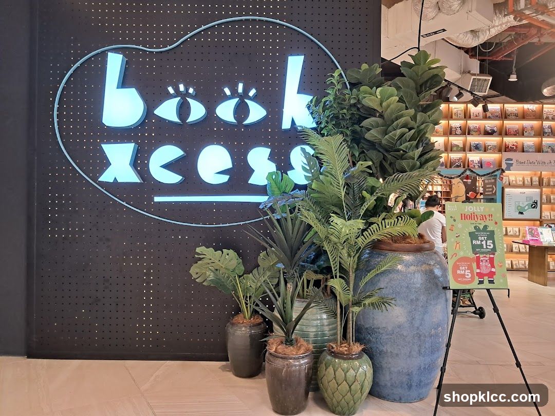 Bookstore Entrance with Plants and Holiday Promotion