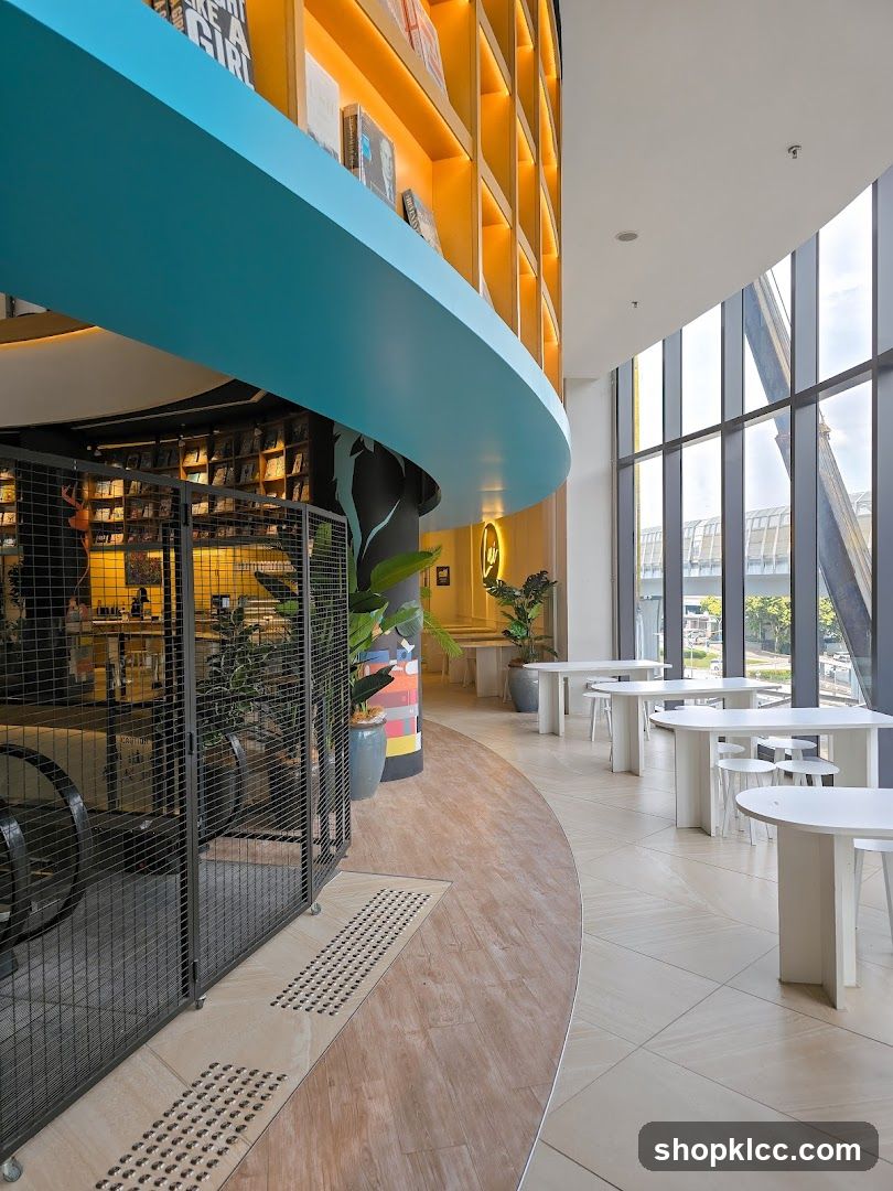 Modern Cafe Interior with Bookshelves