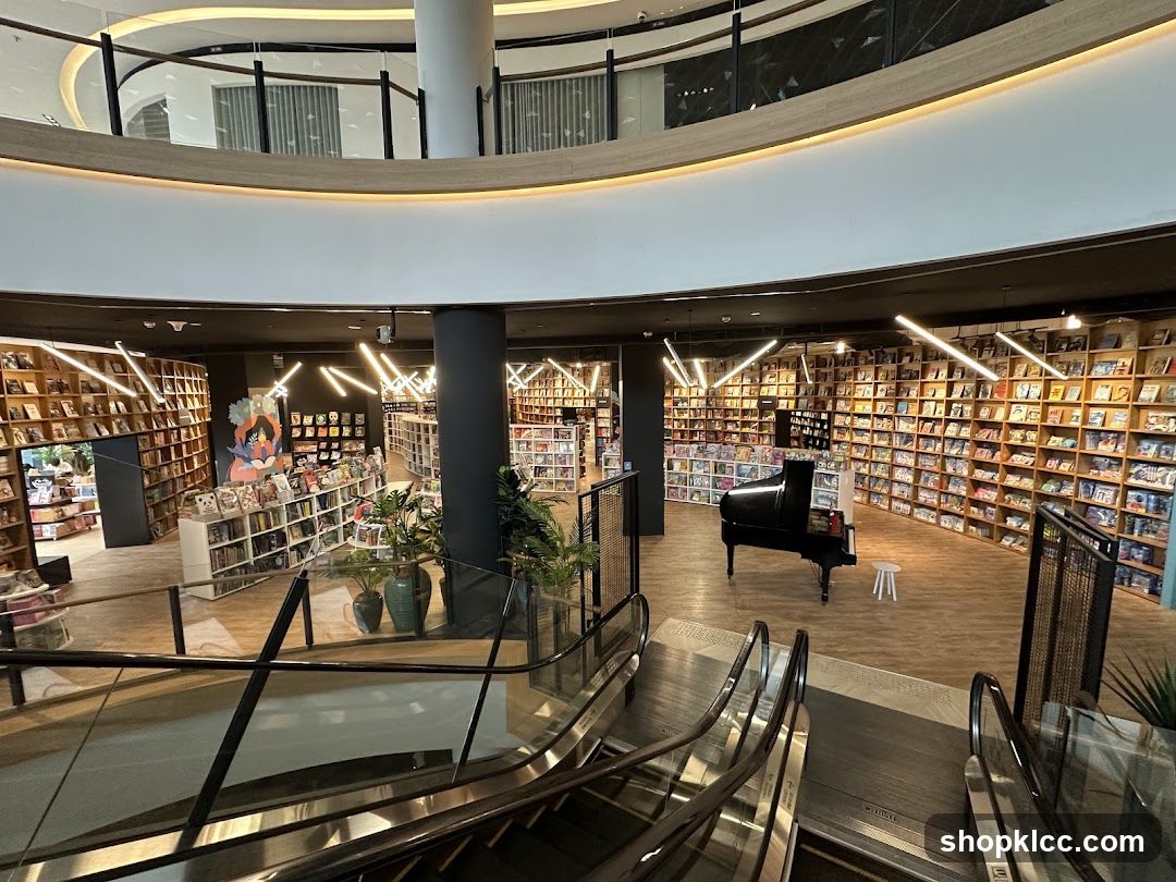 Interior of a bookstore with a piano