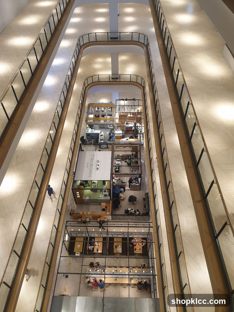 Interior of a multi-level shopping mall with shops and cafes