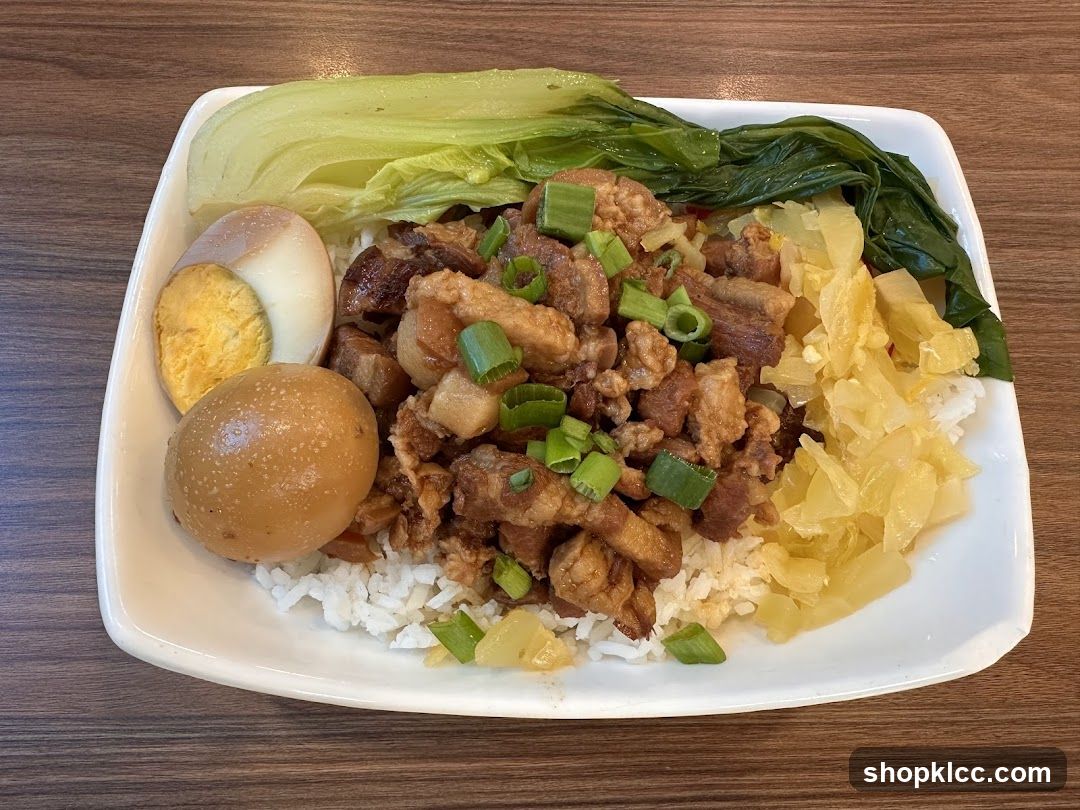 Braised Pork Rice Bowl with Egg and Greens