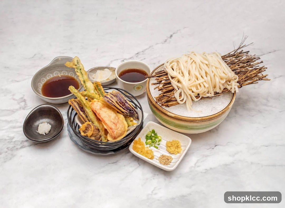 Japanese Noodle Meal with Tempura and Condiments