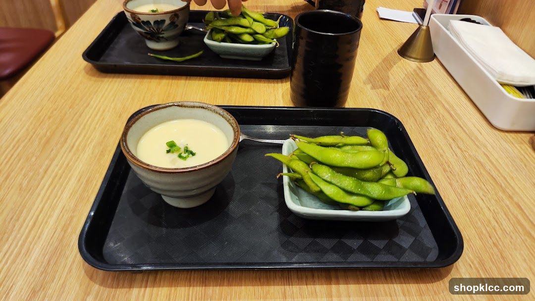 Edamame and Soup Dishes on Trays