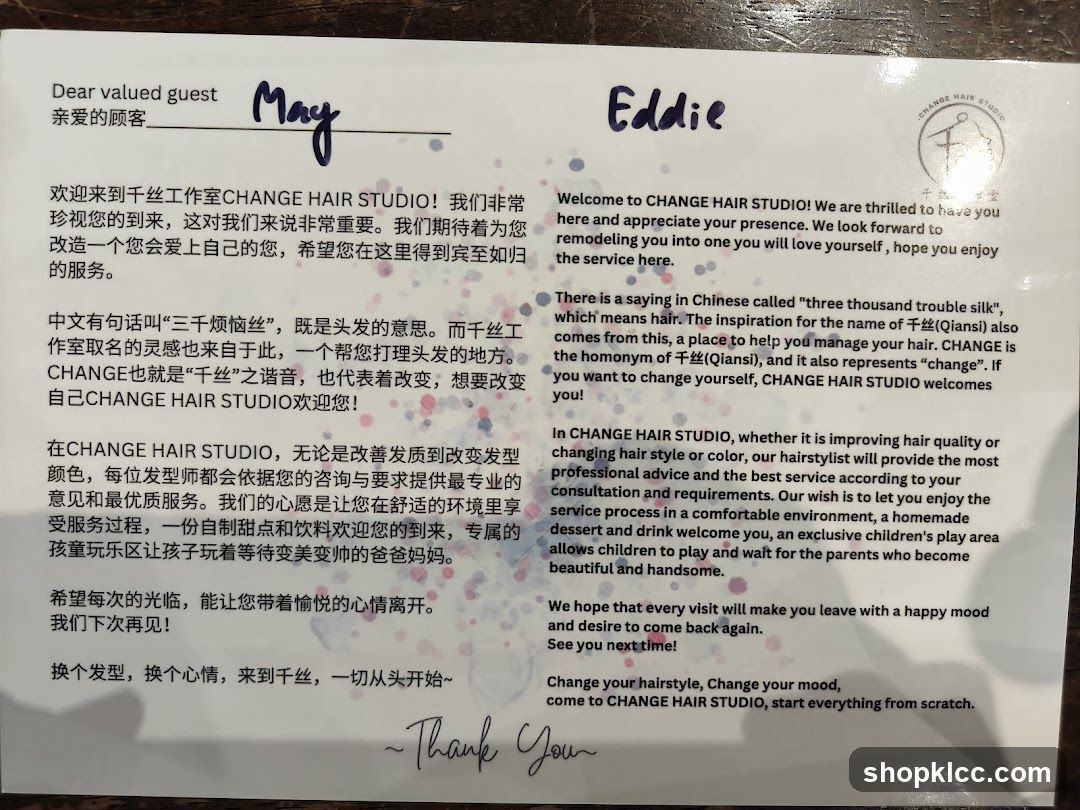 Welcome Letter from CHANGE HAIR STUDIO