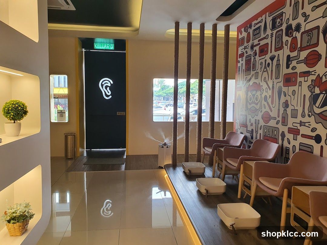 Interior of a modern waiting area with ear-themed decor