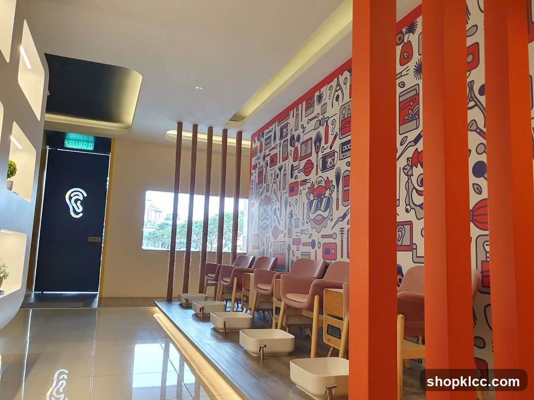 Interior of a modern waiting area with colorful wall art and seating