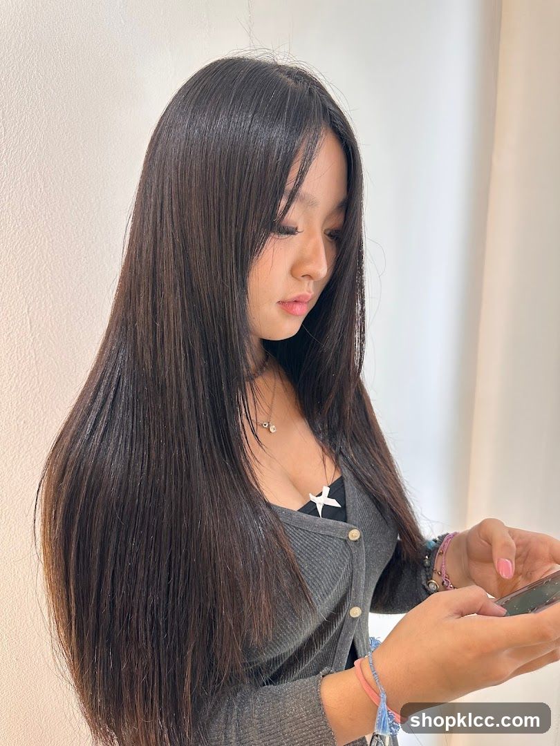 Woman with long dark hair looking at phone