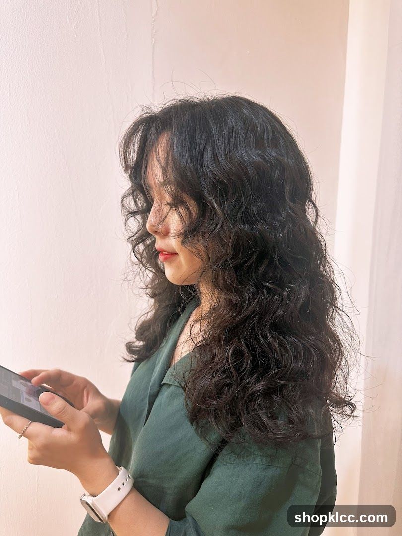 Woman with curly hair looking at phone