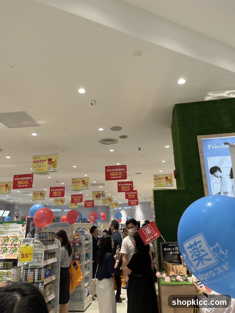 Interior of a pharmacy or drugstore with promotional banners and balloons
