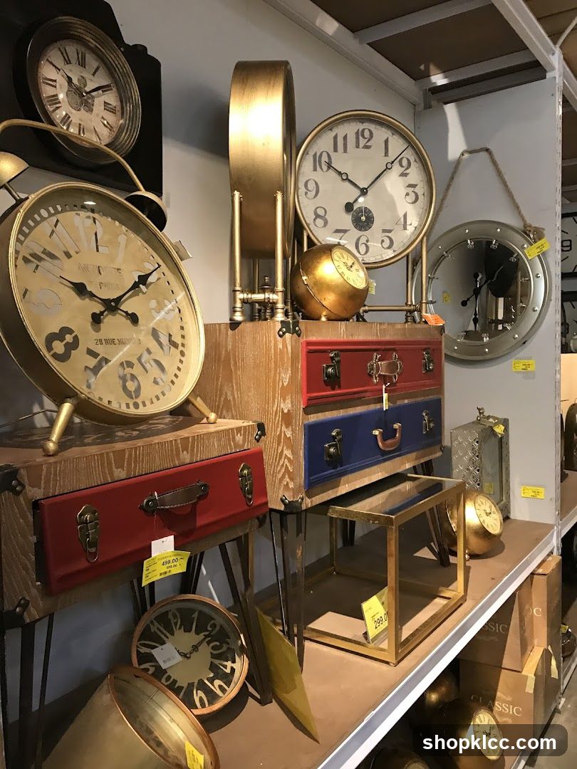 Vintage Clocks and Decorative Drawers Display