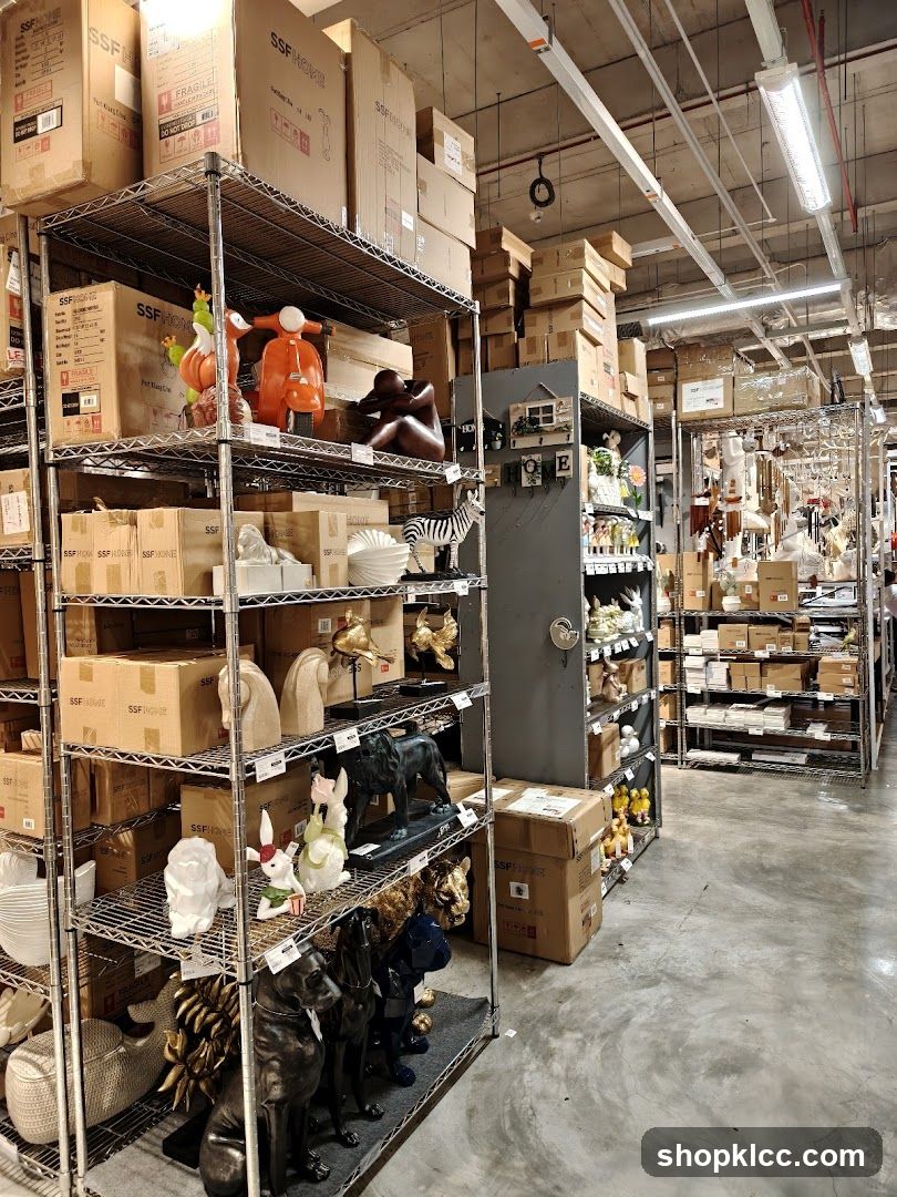 Warehouse Interior with Decorative Items and Boxes