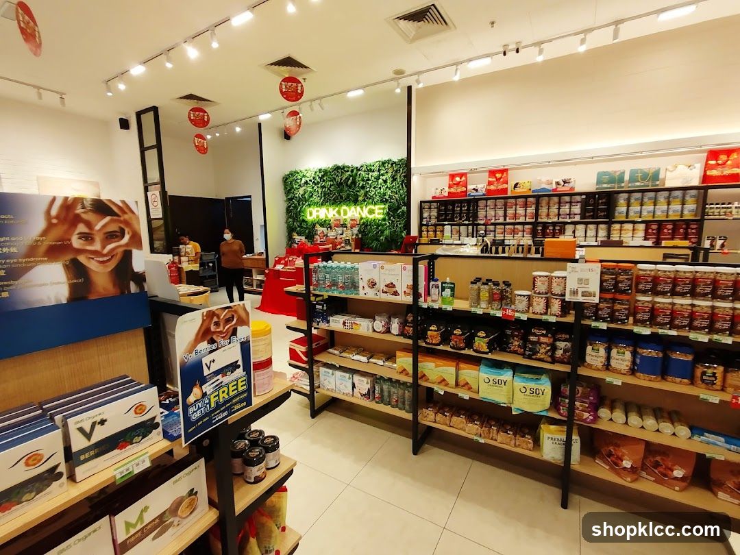 Interior of a well-lit retail store with shelves stocked with various products.