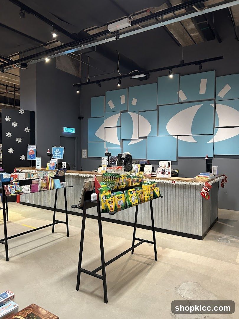 Interior of a retail space with product displays and wall art