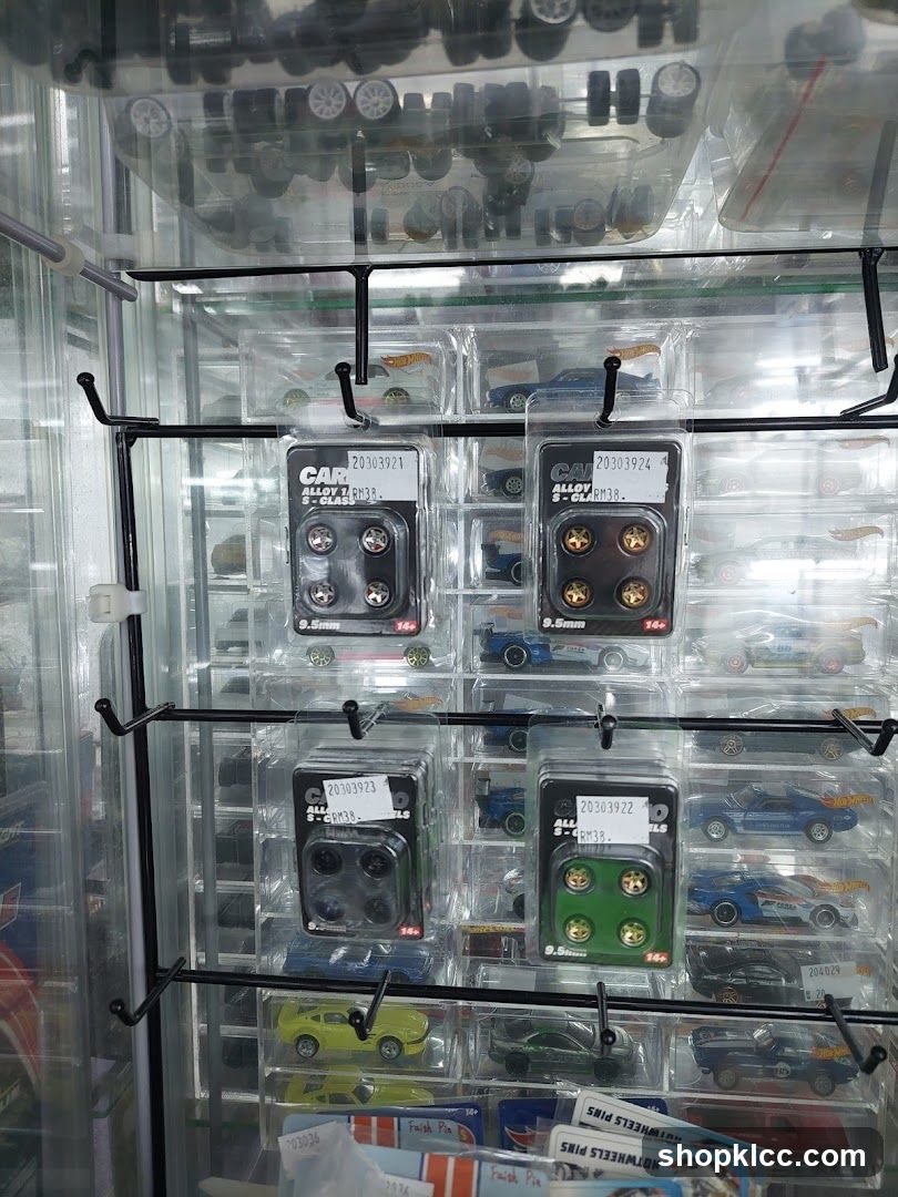 Display of toy car parts and accessories