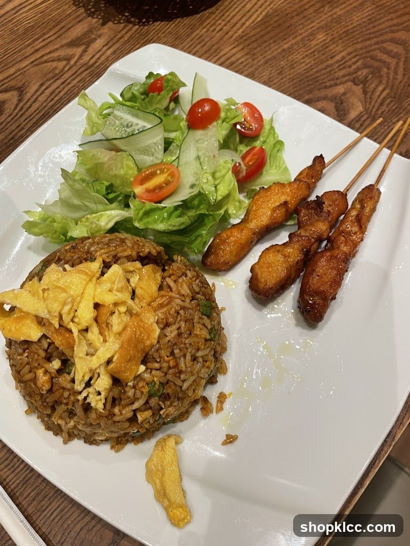 Fried Rice with Chicken Skewers and Salad