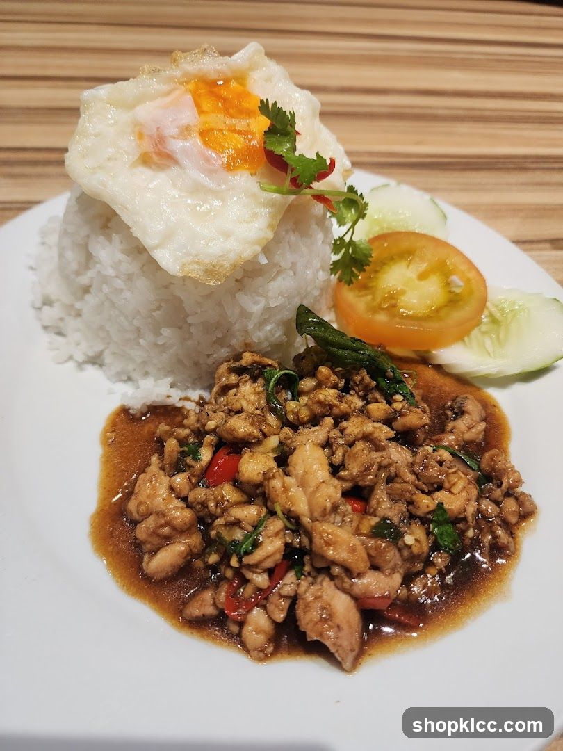 Chicken Basil Stir-fry with Rice and Fried Egg