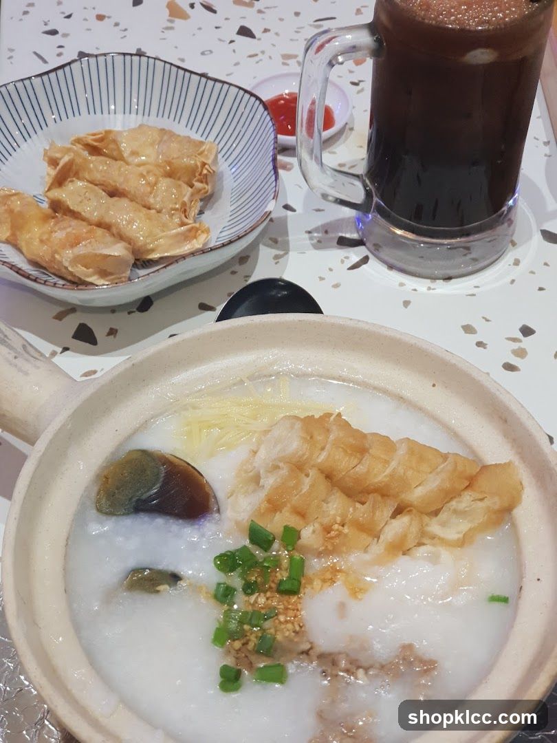 Congee with side dishes and drink