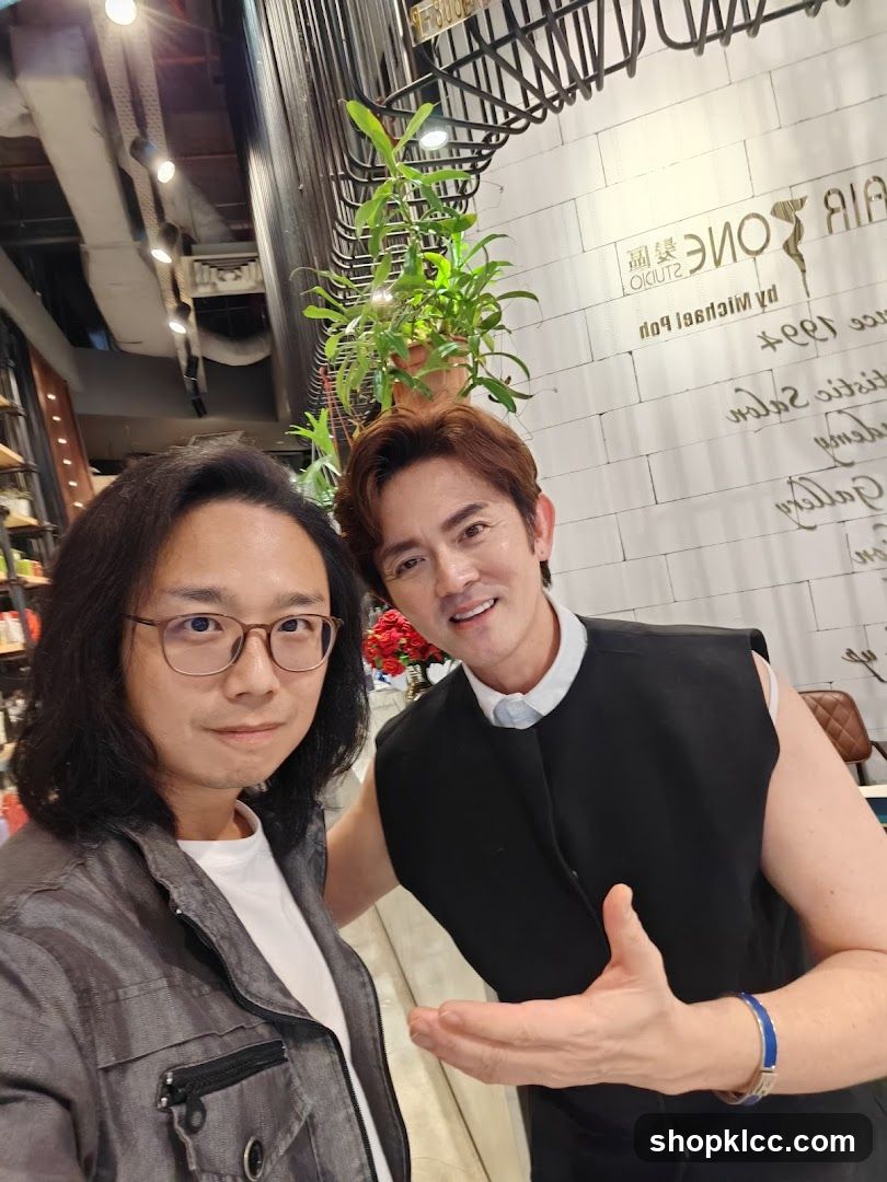 Two men posing in a salon