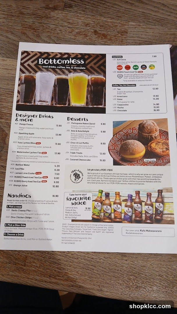Bottomless Drinks, Desserts, and Sauces Menu
