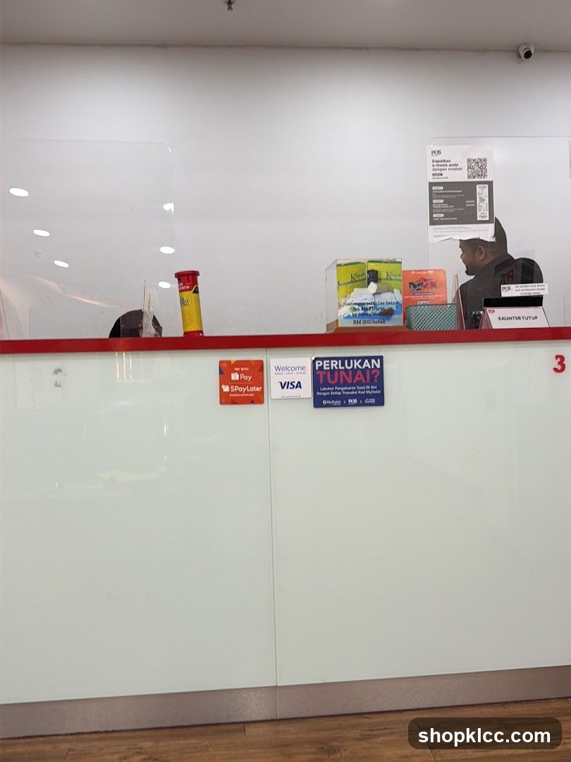 Counter with payment options and promotional material