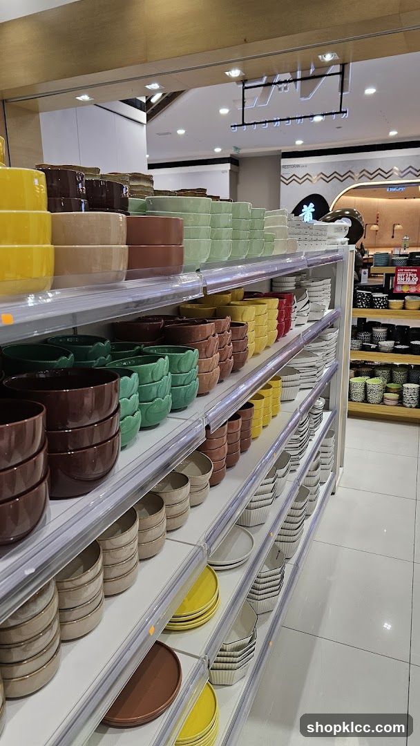 Shelves of colorful bowls and plates