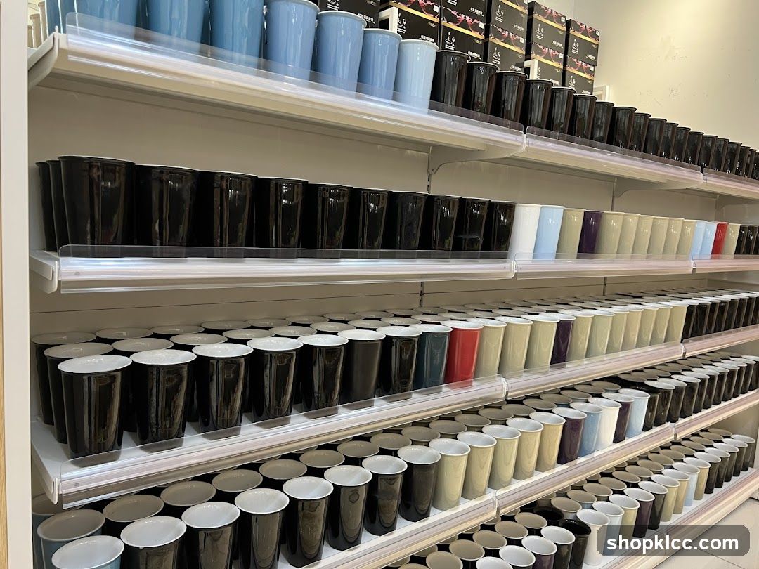 Shelves of colorful cups