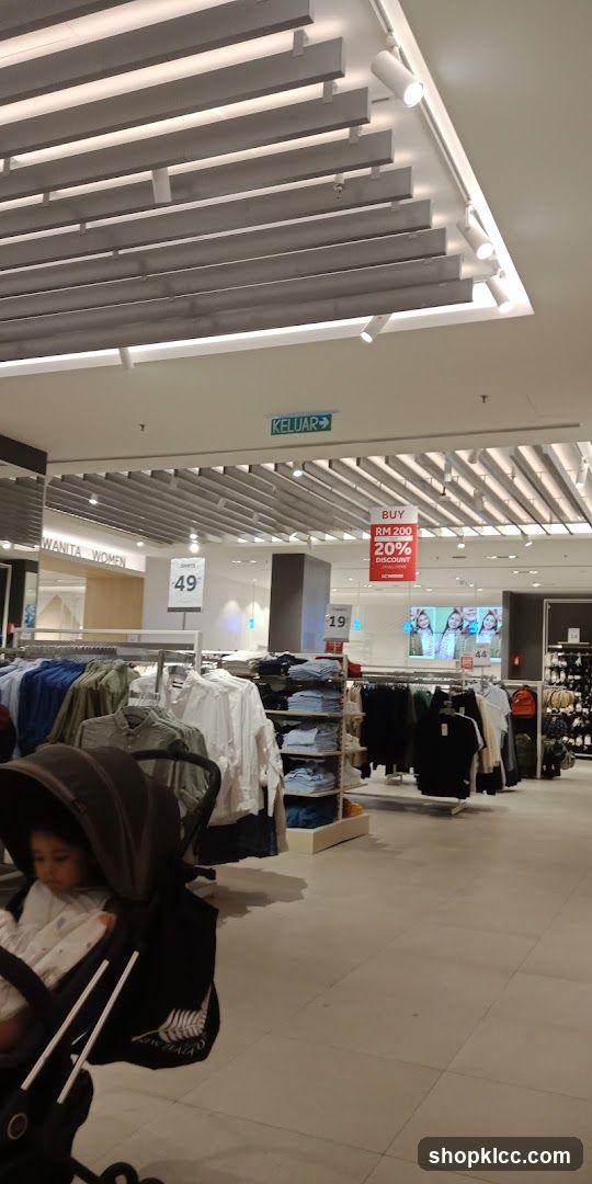 Clothing store interior with sale signs