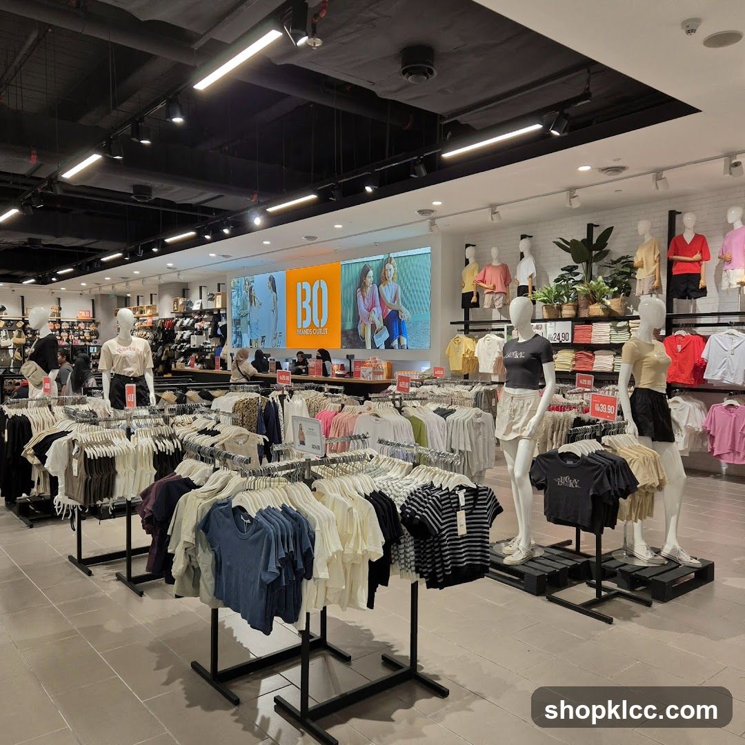 Clothing store interior with mannequins and apparel displays