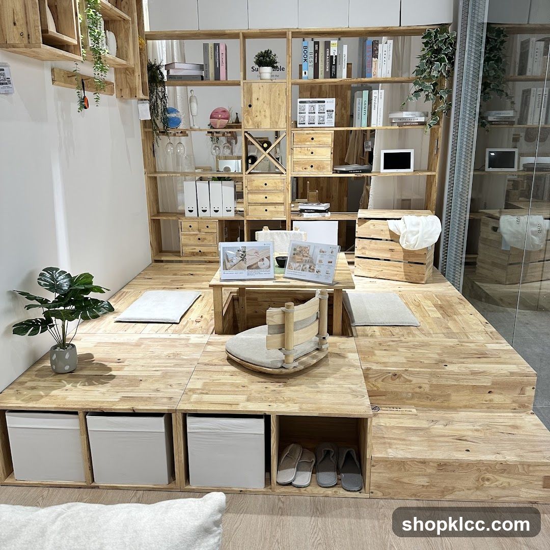 Cozy Wooden Living Space with Bookshelves