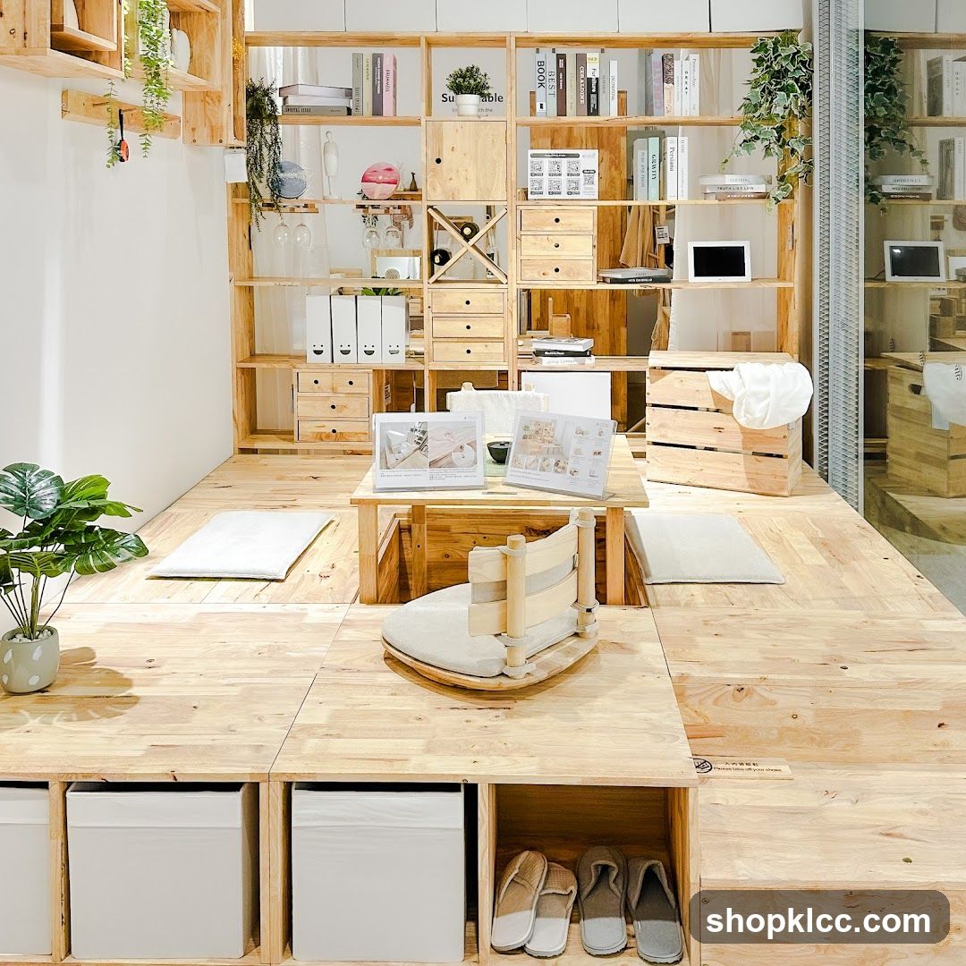 Cozy wooden interior with display shelves and seating area